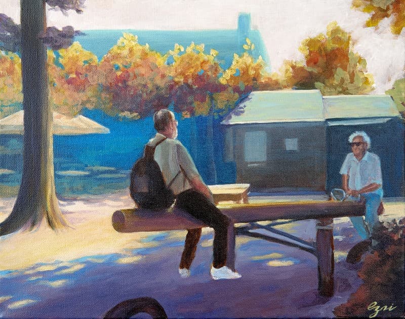 The Weight We Carry - This painting depicts the artist’s grandfather, Joost “Joe” Oppenheim (left), and Karel Gaethofs (right). Joost Oppenheim, affectionately known as Grandpa Joe, was a Holocaust survivor. At the age of eight, he and his brother Fred were taken in as 'catholic orphans' by the Heuvalman family despite already having many children of their own. One of the Heuvalman children, Jeanne, was close in age to Joe, and the two developed a deep bond during the war. After the war, Joost and Fred were reunited with their mother, who had survived the Theresienstadt concentration camp. Their father had been murdered in Auschwitz. With sponsorship from their mother’s sister, the family later emigrated to New York. Joost spoke little of his childhood until much later in life, but he maintained a close relationship with the Heuvalman family, particularly Jeanne. Jeanne later married Karel Gaethofs, with whom Joost also formed a lasting friendship. Jeanne passed away in 2016, and Joost in 2022. Shortly after Joost’s passing, the artist, recently graduated and traveling in Europe, visited Karel. While looking through old photographs together, the artist discovered the image that inspired this painting.